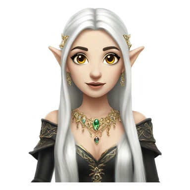 elf princess with pointy ears, white skin, black hair with jewellery,  sticker