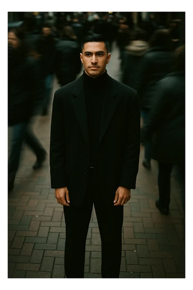 overhead shot of me standing still on a brick city sidewalk, wearing a dark oversized blazer,motion-blurred crowd rushes past around me. Moody lighting, 35mm film look, shallow depth of field, sharp focus on me. sticker