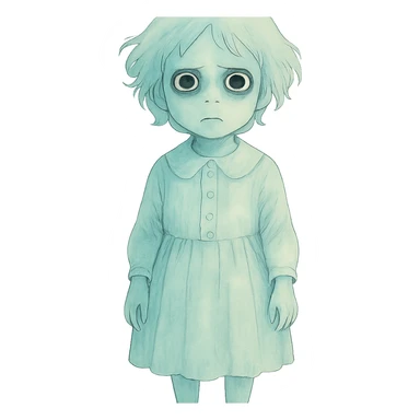 creepy ghostly child, pale and translucent, old-fashioned clothes, unsettling expression sticker