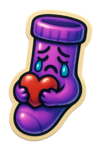 A neon-purple sock with a crying face, holding a heart, representing crying or emotional moments. sticker