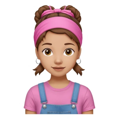 light skin woman with nice brown hair tied together in a one hairtie, wearing a pink t-shirt, demin overalls and pink wraparound hairband. expression is friendly, warm and enthusiastic.  sticker