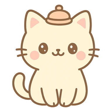 kawaii cat, wearing a tiny hat, sitting upright, smiling, soft color palette sticker