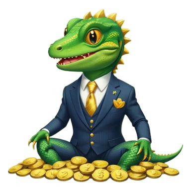 lizard in a pinstripe suit, grinning, sitting atop a pile of gold coins sticker