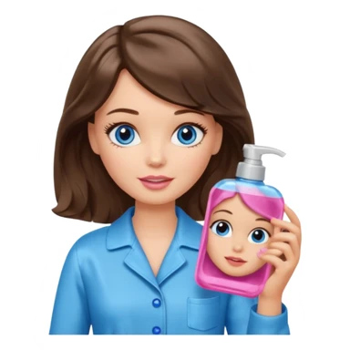 Barbie girl with makeup, blue eyes , and bob long haircut wavy, short brown hair in brown pajamas, face gel in hand sticker