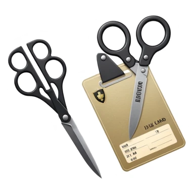 Floating black Scissors cutting an idf soldier ID card in 2 parts .hyper realistic sticker