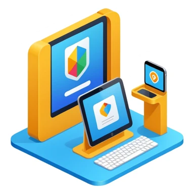 isometric, image of modern user experience with mobile, desktop portal, kiosk etc sticker