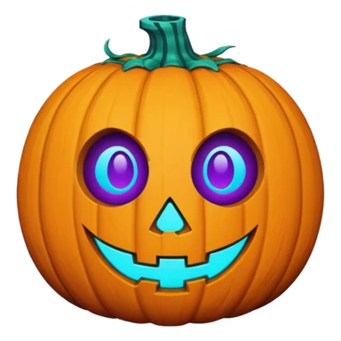 futuristic glowing jack-o-lantern emoji face, only purple and cyan carved glow, dark background sticker
