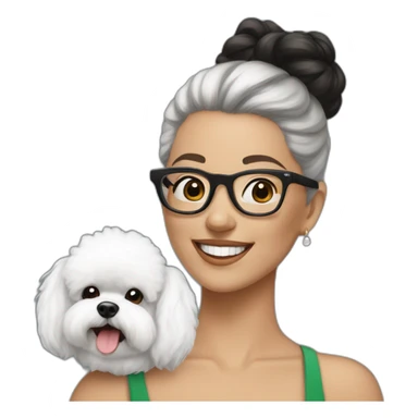 woman-black-hair-bun-with glasses-with bichon dog-white-smile-Christmas sticker