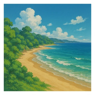 ghibli style coast with sandy beach, gentle waves, and lush greenery sticker