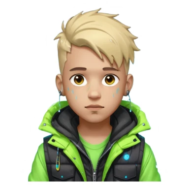 Cyberpunk street kid, male, messy undercut, puffer vest over hoodie, glowing earpiece, light stubble, brown eyes, neon reflections, raindrops, dark background. sticker