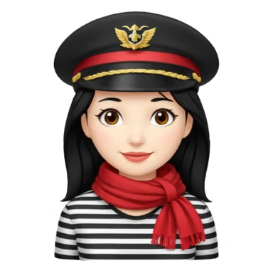 marinera de pelo negro piel blanca con camisa a rayas blanco y negro y pañuelo rojo y gorra de capitana y sonrisa tierna sticker