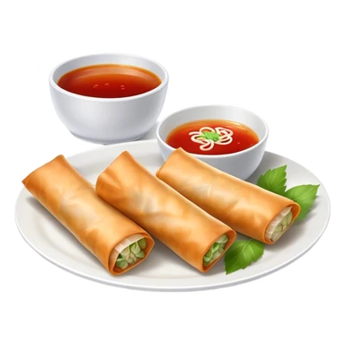 Spring Rolls Cinematic Realistic Spring Rolls Dish Emoji, depicted as 2 perfectly crisp spring rolls served with dipping sauce, rendered with lifelike textures and dynamic, appetizing lighting. sticker