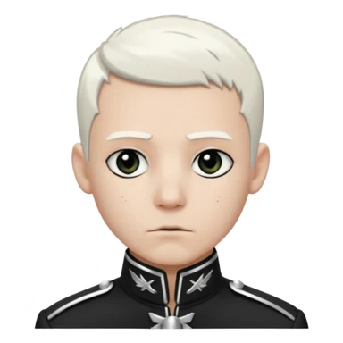 Head and shoulders emoji of a pale man with short white hair, wearing a black marching band jacket with silver trim. black eyeliner. Expression stoic, commanding, and theatrical, heroic emo style sticker