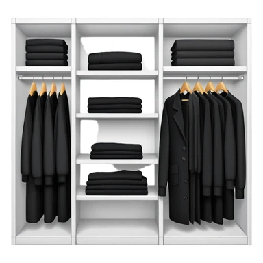 Closet organizer with visible compartments filled with black long sleeve shirts, sweaters and work clothes sticker