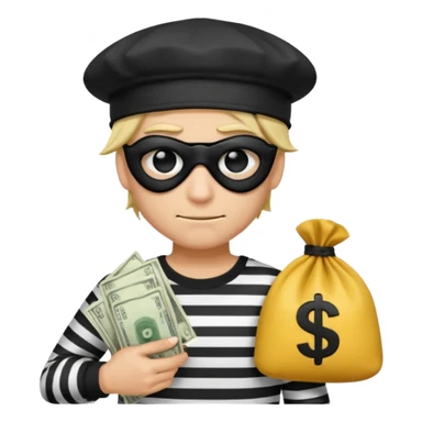 a short ios emoji-style portrait of a classic burglar, a black eye mask and a black-and-white striped shirt. emoji-like hair, black hat, ONE bag of money 💰 with a dollar sign in a right corner, evil expression WITHOUT a hand  sticker