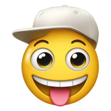 A classic smiling yellow emoji face with wide-open eyes, but missing one front tooth, and wearing a baseball-style cap forward. The cap is colorful, slightly tilted, adding a fun and quirky touch to the emoji's overall expression. sticker