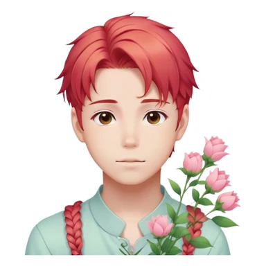 Gorgeous pastel red hair with a thin braid on the side anime style shojo guy with blushing face and flowers aesthetic trending style outside sticker
