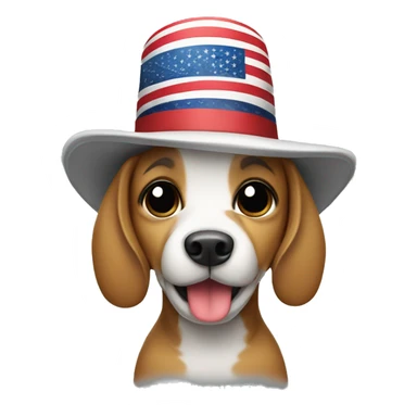 Dog wearing a hat and holding an American flag sticker