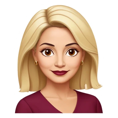 Puerto Rican actress Linette Torres in her 50s with warm light skin, mature elegant features, some fine lines, expressive eyes, well-defined eyebrows, straight nose, friendly smile, shoulder-length blonde hair, wearing a fashionable burgundy top sticker