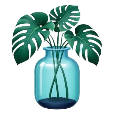 Aesthetic monstera flower in deep bottle green color in a beautiful blue pot sticker