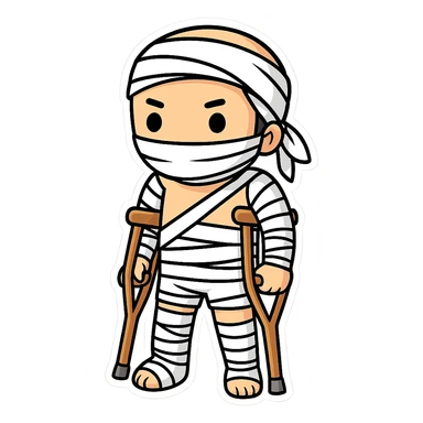 Add crutches and show more bandages on the injured man in the style of cartoonish stickers. Keep the sticker style with no background. sticker