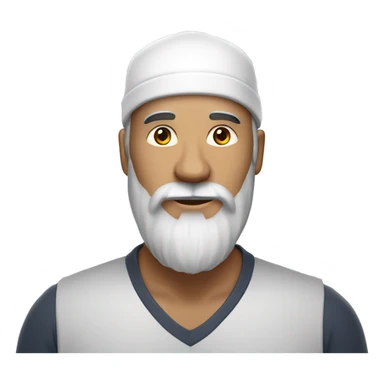 Man in his 40s with white cap hat, with long beard, the middle of the beard is white sticker