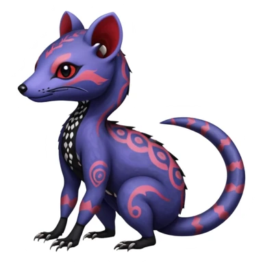 Rare warm-colored exotic gloomy tropical edgy cute epic aesthetic spooky indigo violet white black red gothic colorful Salandit-Noibat-Civet-species-Fakemon-hybrid-creature, with tribal tattoo markings, full body sticker