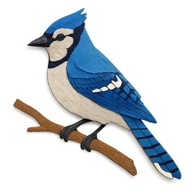 very detailed blue jay perched on a tree branch, intricate cut paper textures, vibrant blue and white feathers sticker