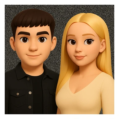 Slightly increase the volume of the upper body of the girl, separate the girl and the boy from each other, and make the skin color the same for both characters. Maintain the cartoonish 3D style as in the reference image. sticker