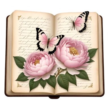 An aged botanical journal, its golden-edged pages filled with delicate pressed pink roses, white peonies, and blush dahlias, as a pearl butterfly delicately rests on the handwritten notes.
 sticker