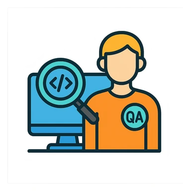 QA engineer at a computer with magnifying glass inspecting code sticker