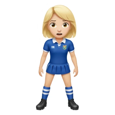 chica rubia con cara de miedo vestida con equipación de rugby con unas botas inflables sticker