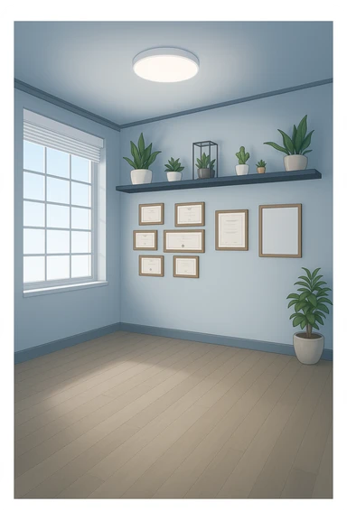 faMMI QUESTA STANZA STILE MANGA/WEBTOON A COLORI SENZA LE PERSONE E SENZA LETTINO, SOLO LA STANZA. FALLA MOLTO PIù LUMINOSA CON LUCI PIù FREDDE E MODERNE, NON LUCI GIALLE sticker