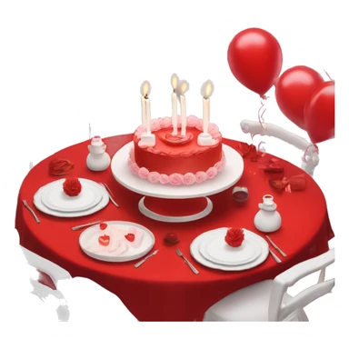 Red romantic party setting for two people and heart balloon  table with white cloth and candle with bows on the table and white Korean cake with black bows  sticker