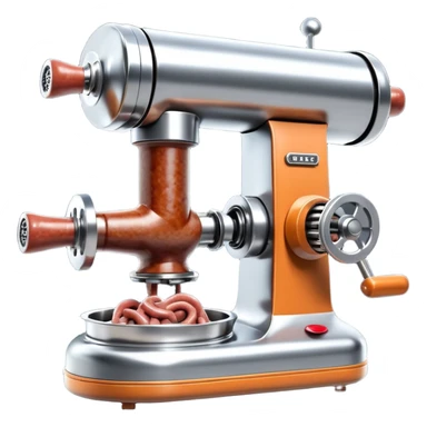 sausage-processing droid. retro-futuristic style. top is a circular industrial meat grinder with rotating gears and blades. Two robotic arms feed material into grinder. Sausage links extrude from the rear like  factory. The body is metallic, compact, and floats above the ground.no legs. Dark humor sticker