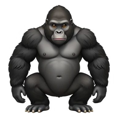 cinematic-friendly relaxed gorilla-realistic-full-body-crouched on all fours-emoji,-broad-frame-poised-with-confidence,-massive-arms-hanging-slightly-forward,-head-tilted-thoughtfully,-thick-black-fur,-deep-dark-eyes-full-of-intelligence,-simplified-yet-realistic sticker