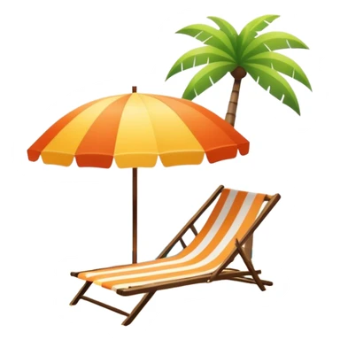 Vibrant Icon for Beach Tourism: a sunny beach with the sea, a lounge chair, a sun umbrella, and flip-flops. The icon should capture the essence of a relaxing beach vacation with a carefree atmosphere. Transparent background. sticker