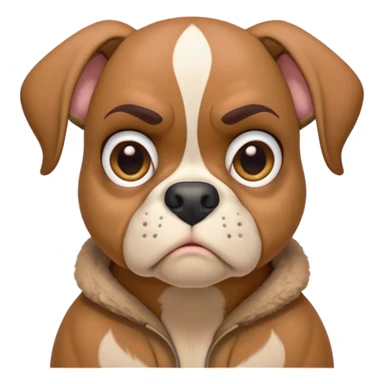 Cinematic Grumpy Fawn Boxer Portrait Emoji, Head tilted slightly with a deeply unimpressed expression, showcasing a robust fawn coat with a prominent white muzzle and chest, large, droopy brown eyes narrowed into an unamused glare, ears slightly drooping in exasperation, Simplified yet comically expressive features, highly detailed, glowing with a dry, sarcastic glow, high shine, effortlessly judgmental yet dignified, stylized with a touch of cynicism, bright but brooding, soft glowing outline, capturing the essence of an eternally unimpressed yet endearing guardian, so lifelike it feels like it could sigh heavily at you in disdain at any moment! sticker