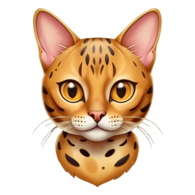 Cinematic Bengal Cat Portrait Emoji, Elegant and striking, sleek spotted brown and gold tones, Simplified yet sharp features, highly detailed, glowing with a warm, confident glow, high shine, playful and curious, stylized with an air of grace, focused and attentive, soft glowing outline, capturing the essence of agility and confidence, so lifelike it feels as though it could spring into motion at any moment! sticker