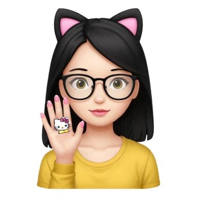 Nails cute hello kitty wear glasses black long  hair wear yello shirt sticker
