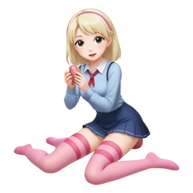 Anime girl in thigh-high stockings, kneeling on the floor while reaching for a pink sausage. Her pose is cute and slightly playful, with a soft and charming expression. She wears a casual yet stylish outfit, and the scene has smooth shading with a warm and inviting atmosphere. sticker