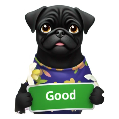 Black pug , surrounded by flowers, holding a green sign that says “good luck”  sticker