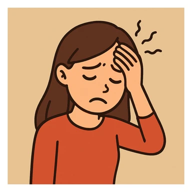 flat toon style sad girl with headache, hand on head, simple background sticker