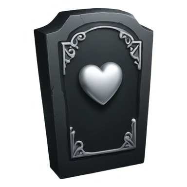 a black tombstone in silver RIP and a silver heart sticker