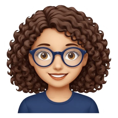 medium fair-skinned girl with brownish hazel eyes, roundish ovalish dark navy glasses, wavy curly choco brown hair, smiling sticker