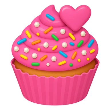 Add rainbow sprinkles to the pink cupcake with pearls in emoji style. The cupcake should have no background. Keep the look of an emoji style cupcake with vibrant colors and simple shapes. sticker