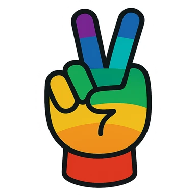 Increase blue and purple colors in the rainbow theme of the hand peace sign, keep the vibrant toon style, no background. sticker