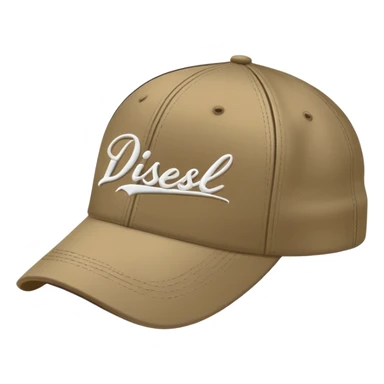 Dark khaki Diesel cap with white cursive 'Diesel' script writing and Diesel logo underneath, no person, isolated baseball cap sticker