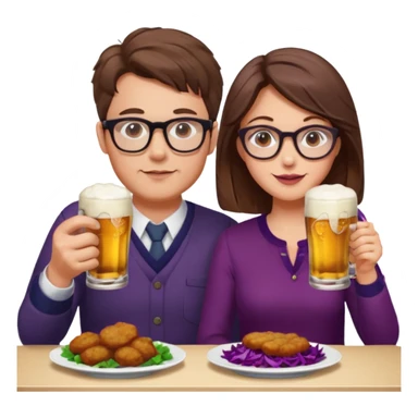 German man with glasses and brown hair and woman with glasses and brown hair eating schnitzel, red cabbage, potatoes, and drinking a beer sticker