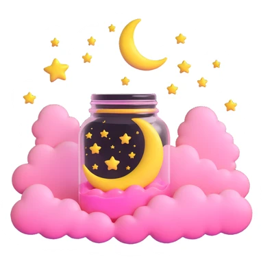 A jar with a pink liquid, a yellow crescent moon, pink clouds, and golden stars sticker